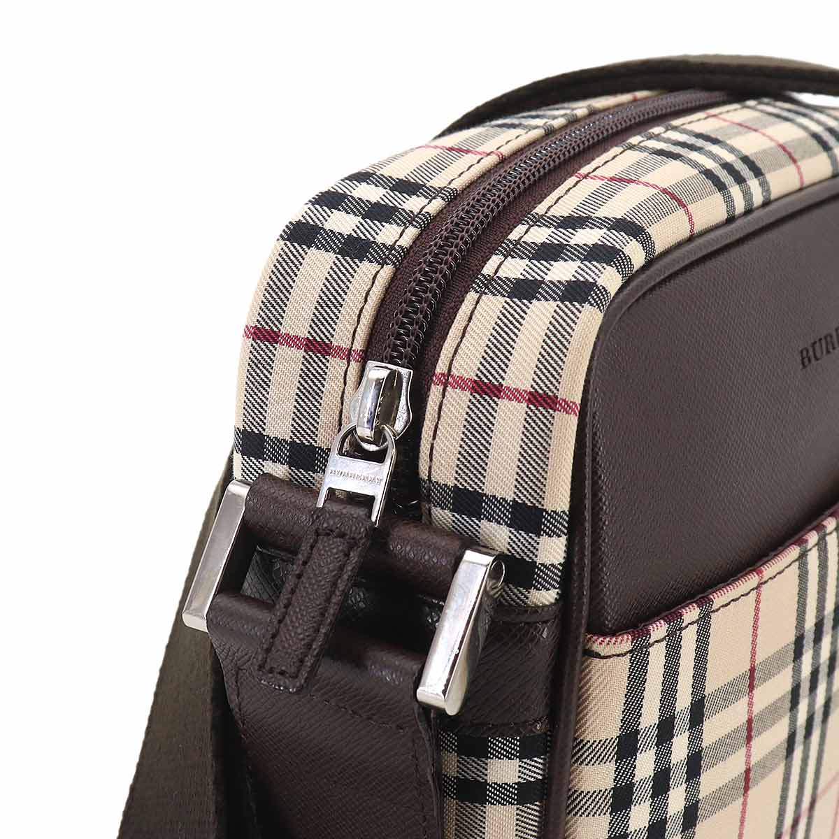 Plaid Shoulder Bag Canvas Leather Beige Brown Purse