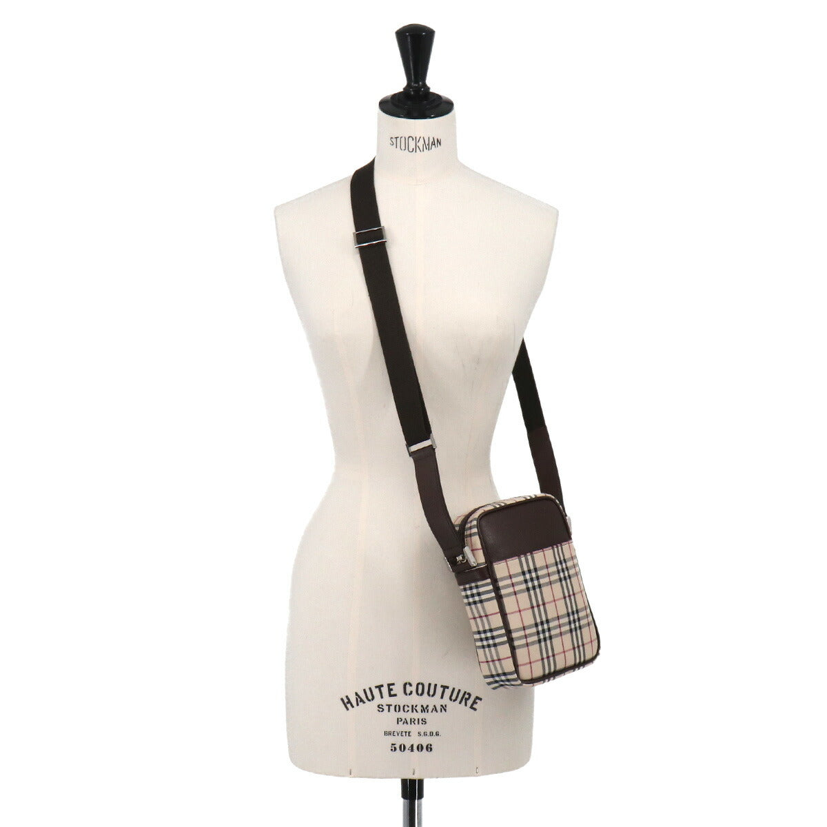 Plaid Shoulder Bag Canvas Leather Beige Brown Purse