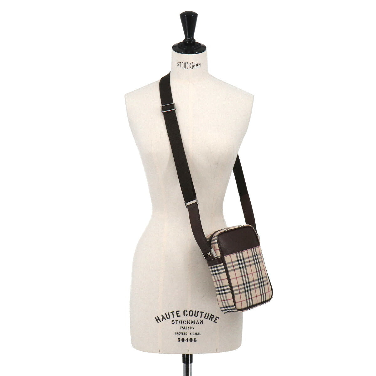 Plaid Shoulder Bag Canvas Leather Beige Brown Purse