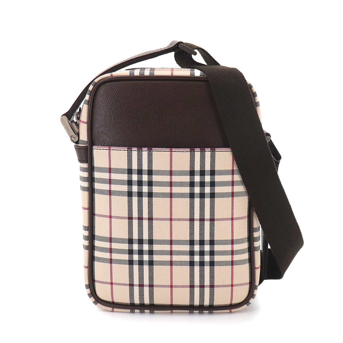 Plaid Shoulder Bag Canvas Leather Beige Brown Purse