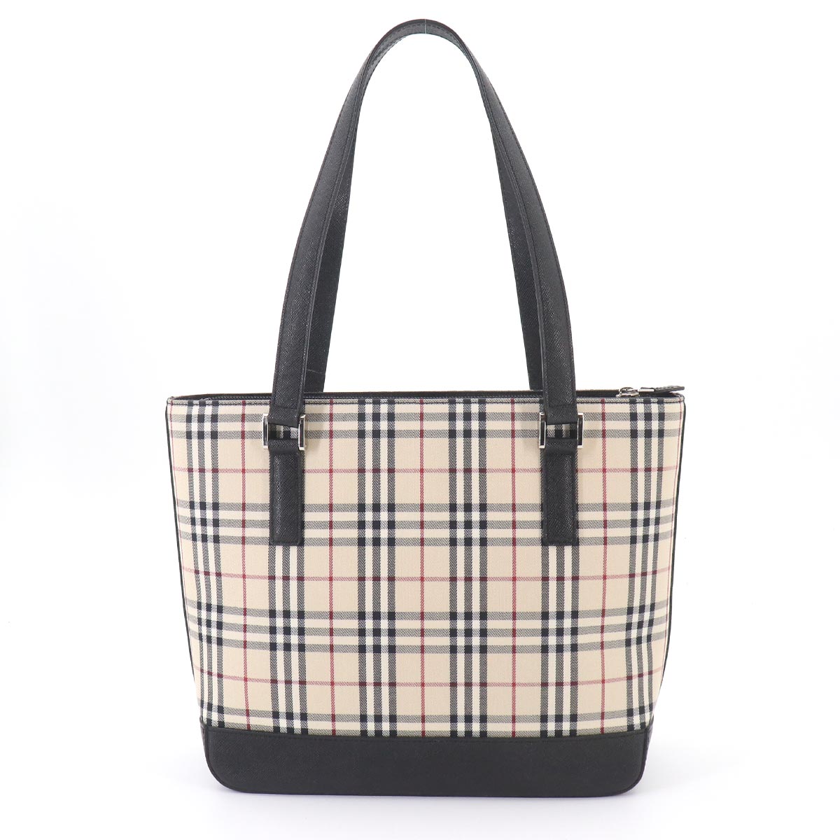 Plaid Hand Bag Canvas Leather Beige Black Purse