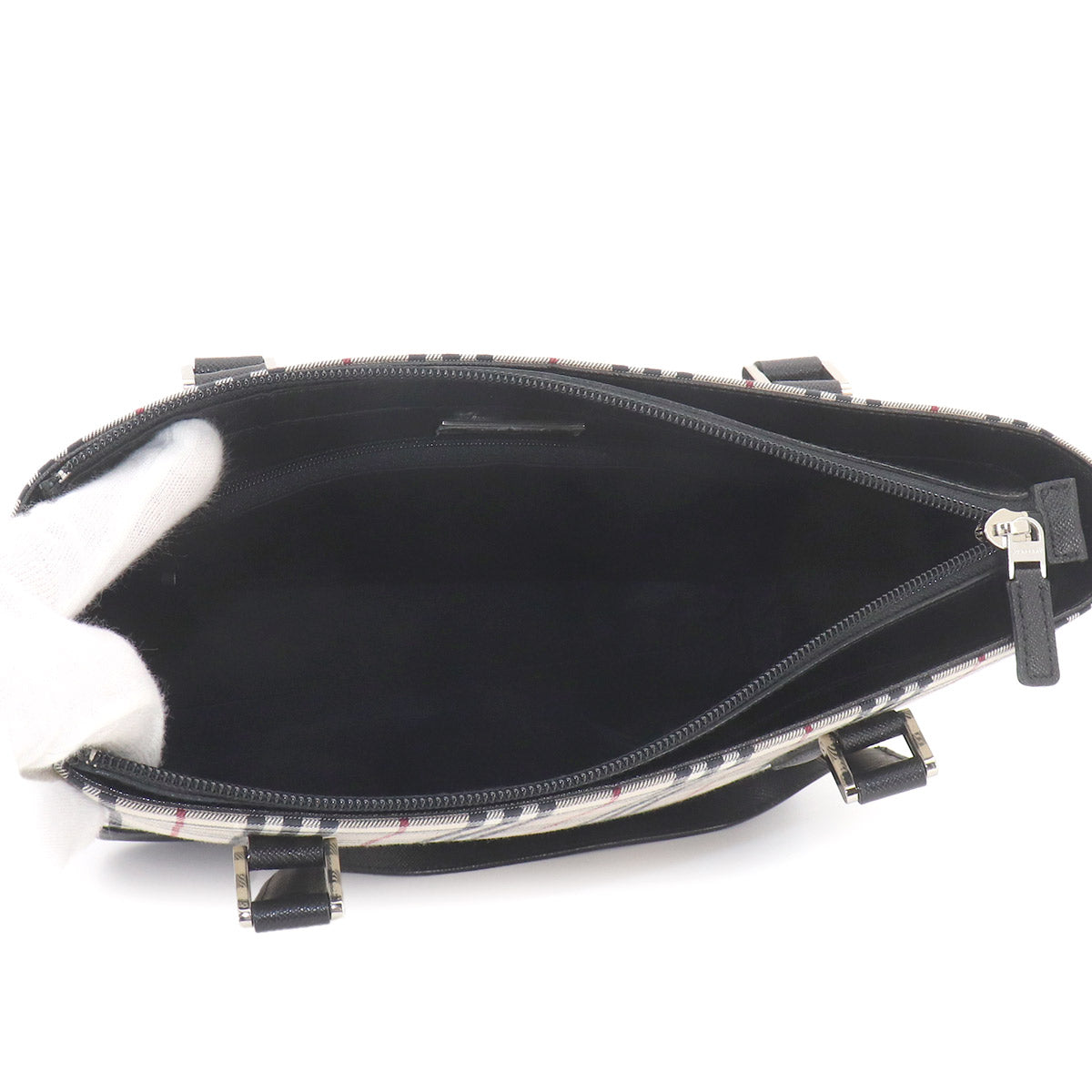 Plaid Hand Bag Canvas Leather Beige Black Purse