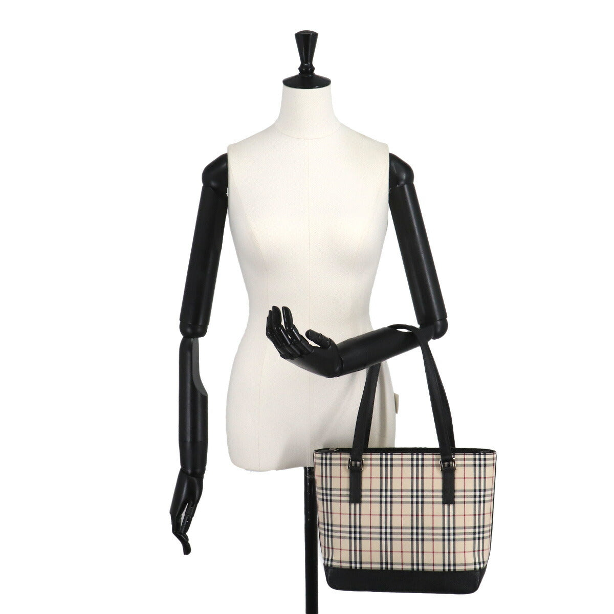 Plaid Hand Bag Canvas Leather Beige Black Purse