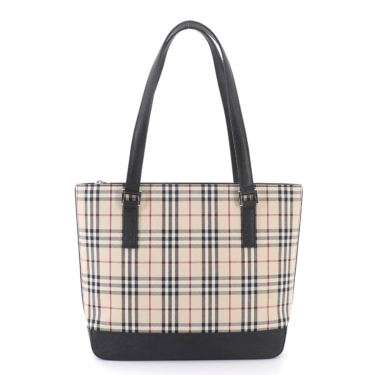 Plaid Hand Bag Canvas Leather Beige Black Purse