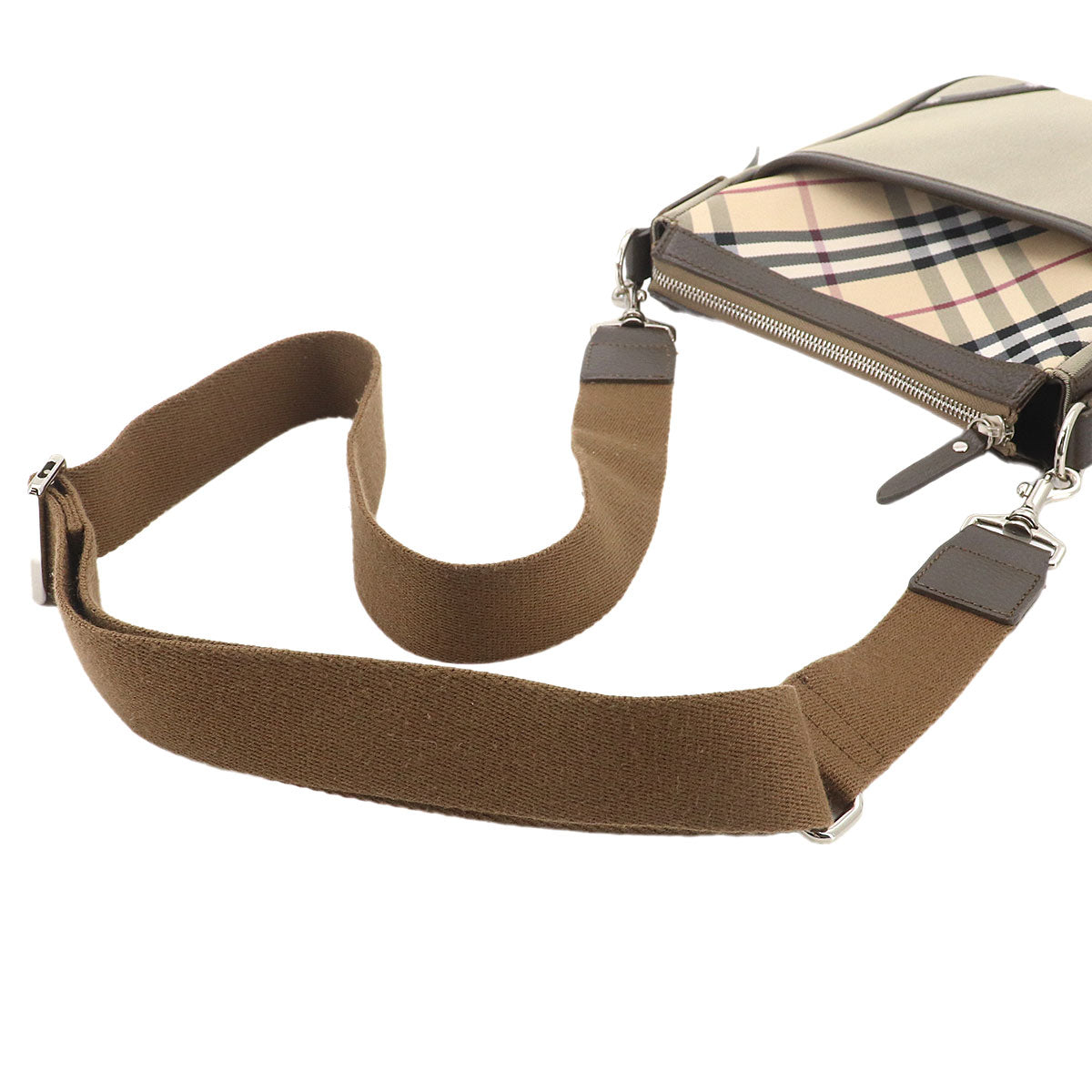 Plaid Shoulder Bag Canvas Leather Beige Brown Purse