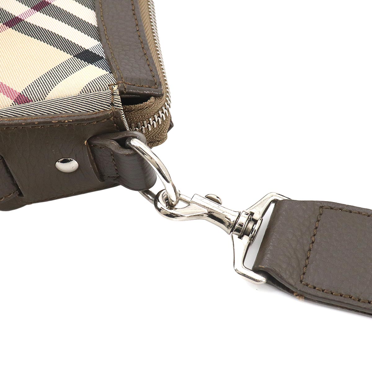 Plaid Shoulder Bag Canvas Leather Beige Brown Purse