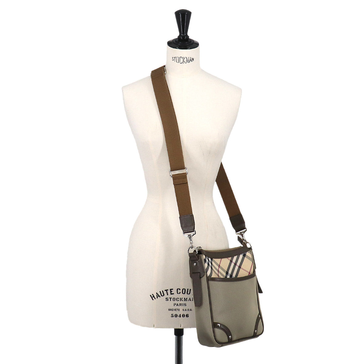 Plaid Shoulder Bag Canvas Leather Beige Brown Purse