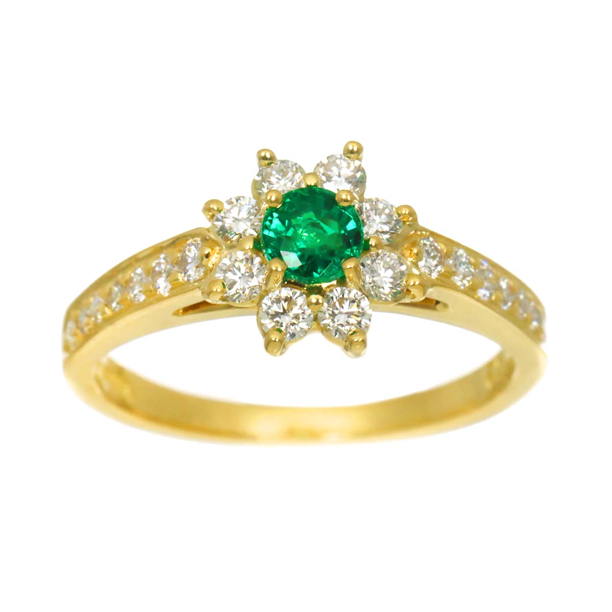 Emerald Diamond Ring 18K Yellow Gold 750 Size4.5(US)