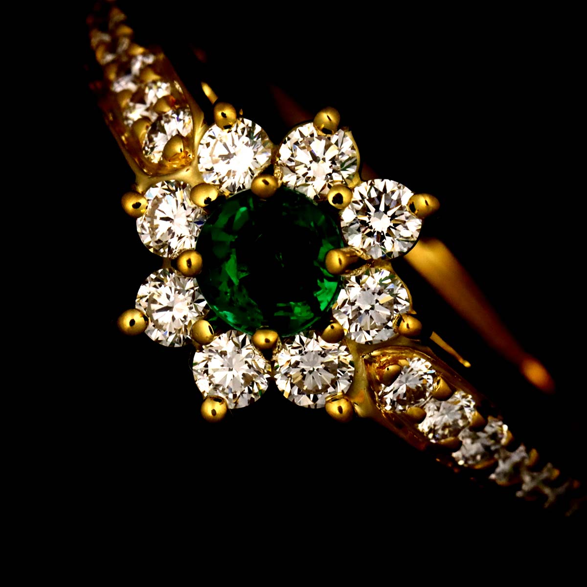 Emerald Diamond Ring 18K Yellow Gold 750 Size4.5(US)