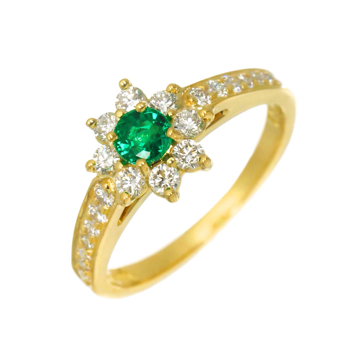 Emerald Diamond Ring 18K Yellow Gold 750 Size4.5(US)