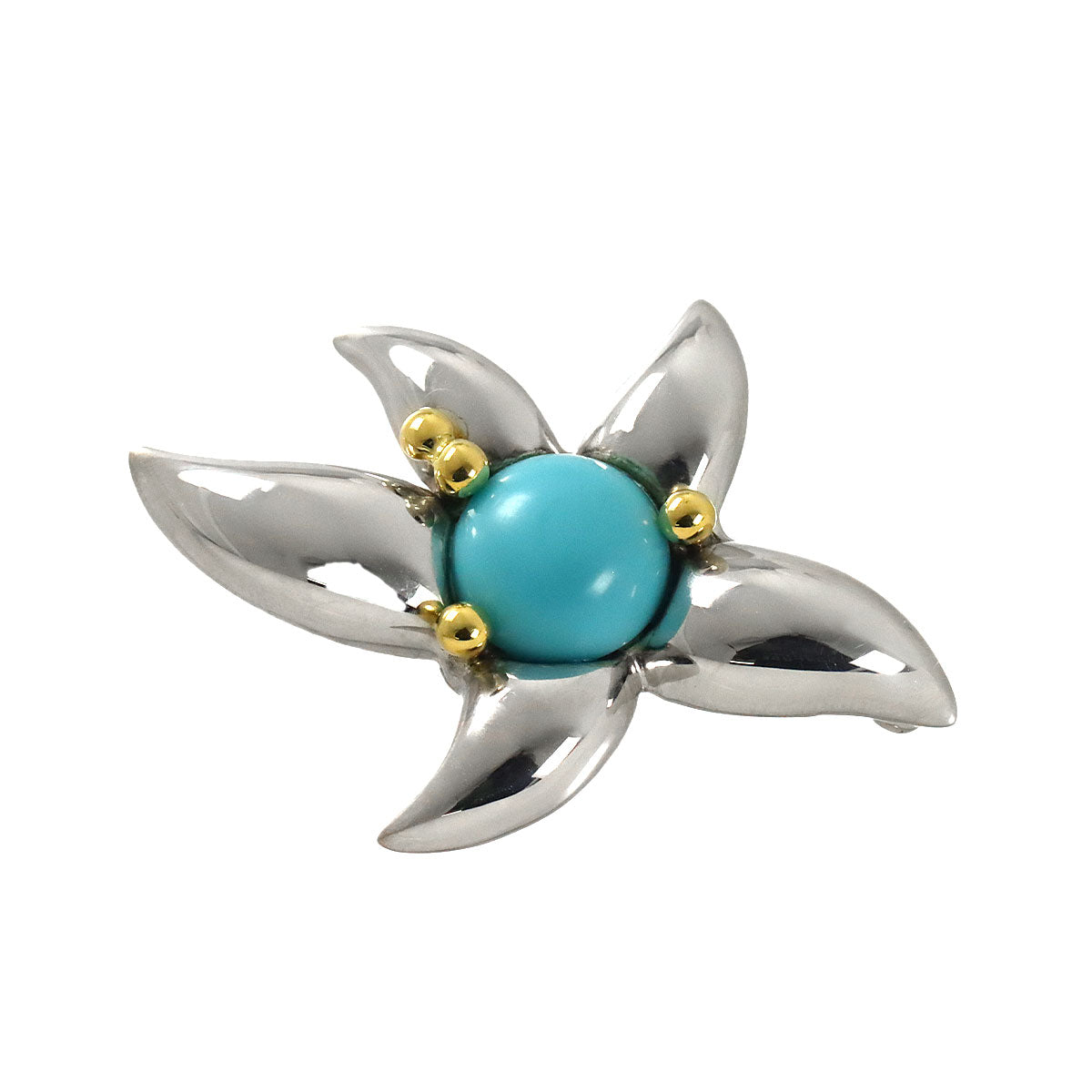 Turquoise Brooch Silver 18K Yellow Gold 750
