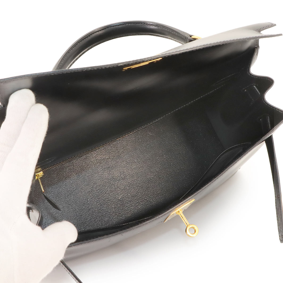 Kelly 32 Box calf Black Hand Bag Vintage Purse