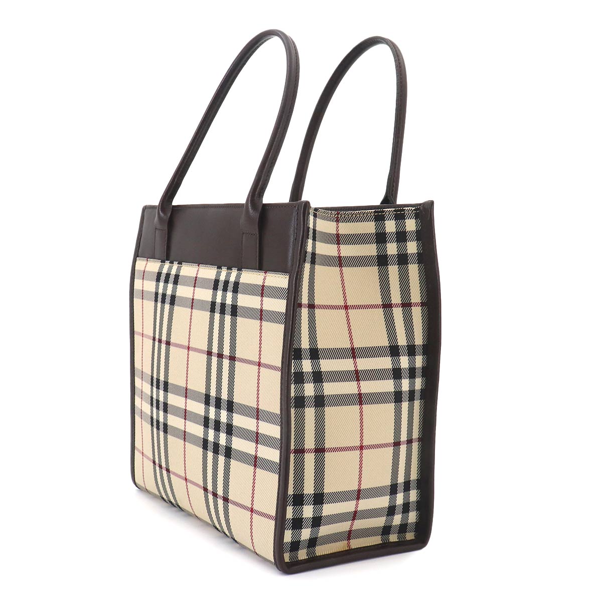 Plaid Hand Bag PVC Leather Beige Dark Brown Purse