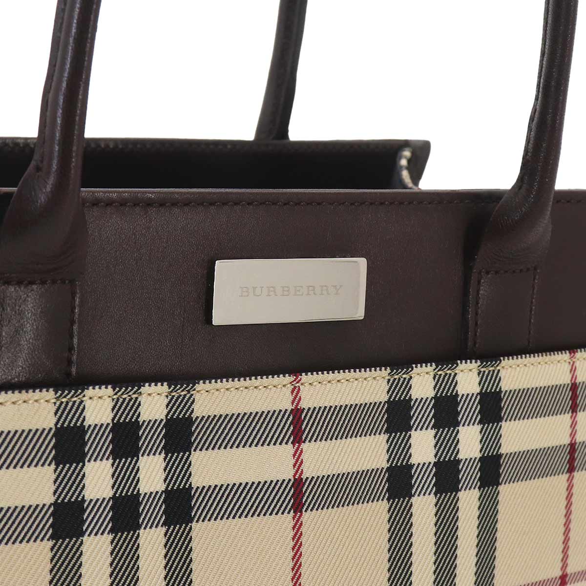 Plaid Hand Bag PVC Leather Beige Dark Brown Purse