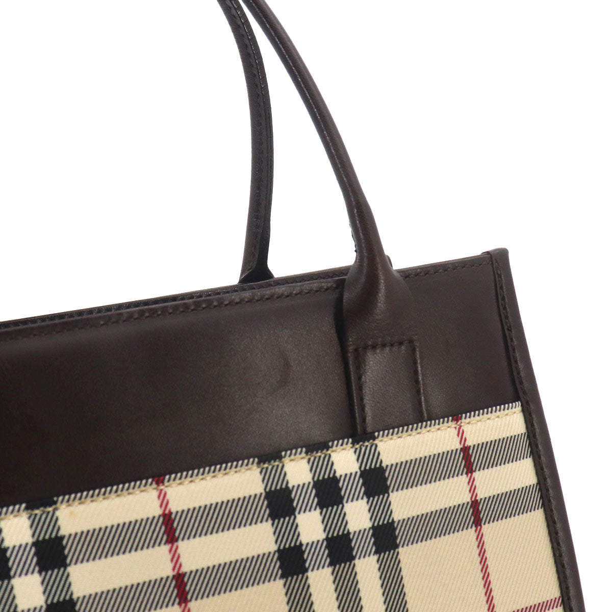 Plaid Hand Bag PVC Leather Beige Dark Brown Purse