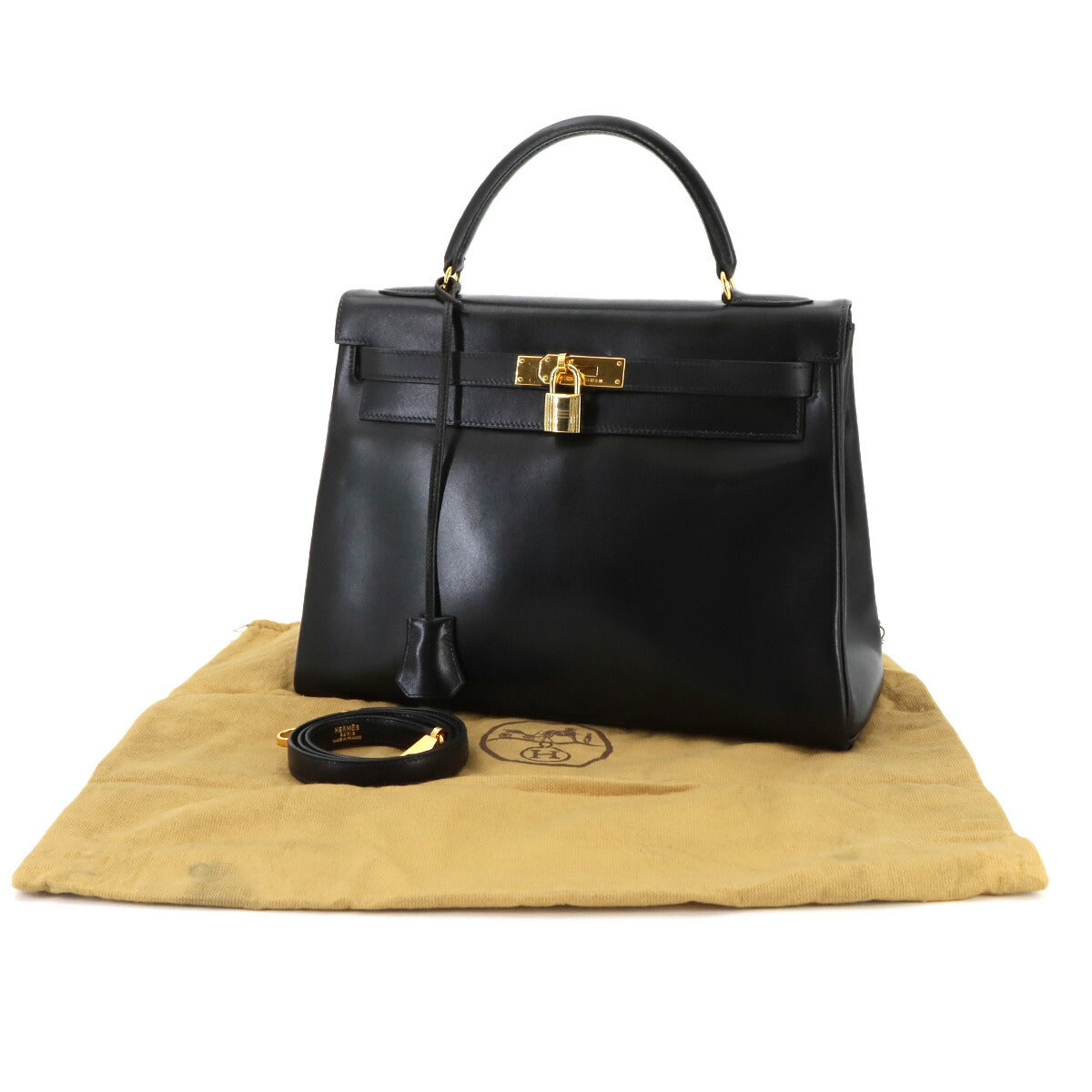 Kelly 32 Box calf Black Hand Shoulder Bag Vintage Purse