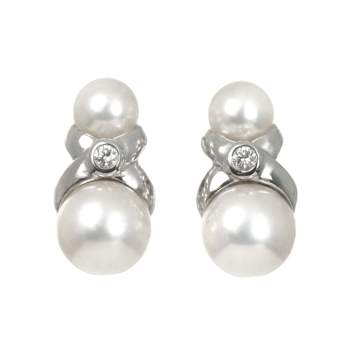 Akoya Pearl 6.8-4.8mm Diamond Earrings Clip on 18K WG 750