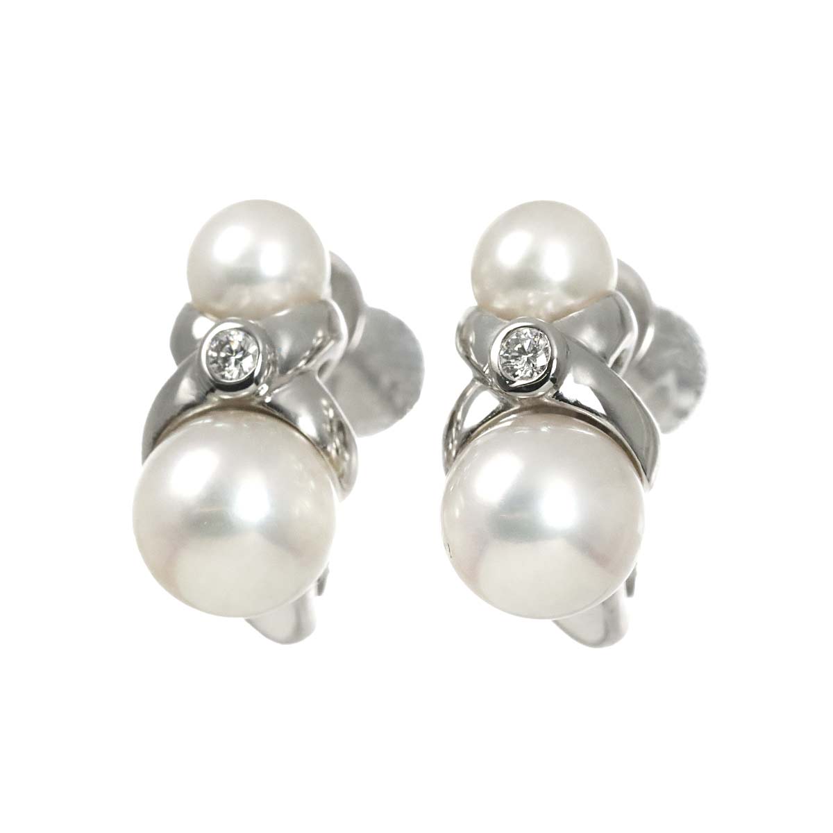 Akoya Pearl 6.8-4.8mm Diamond Earrings Clip on 18K WG 750