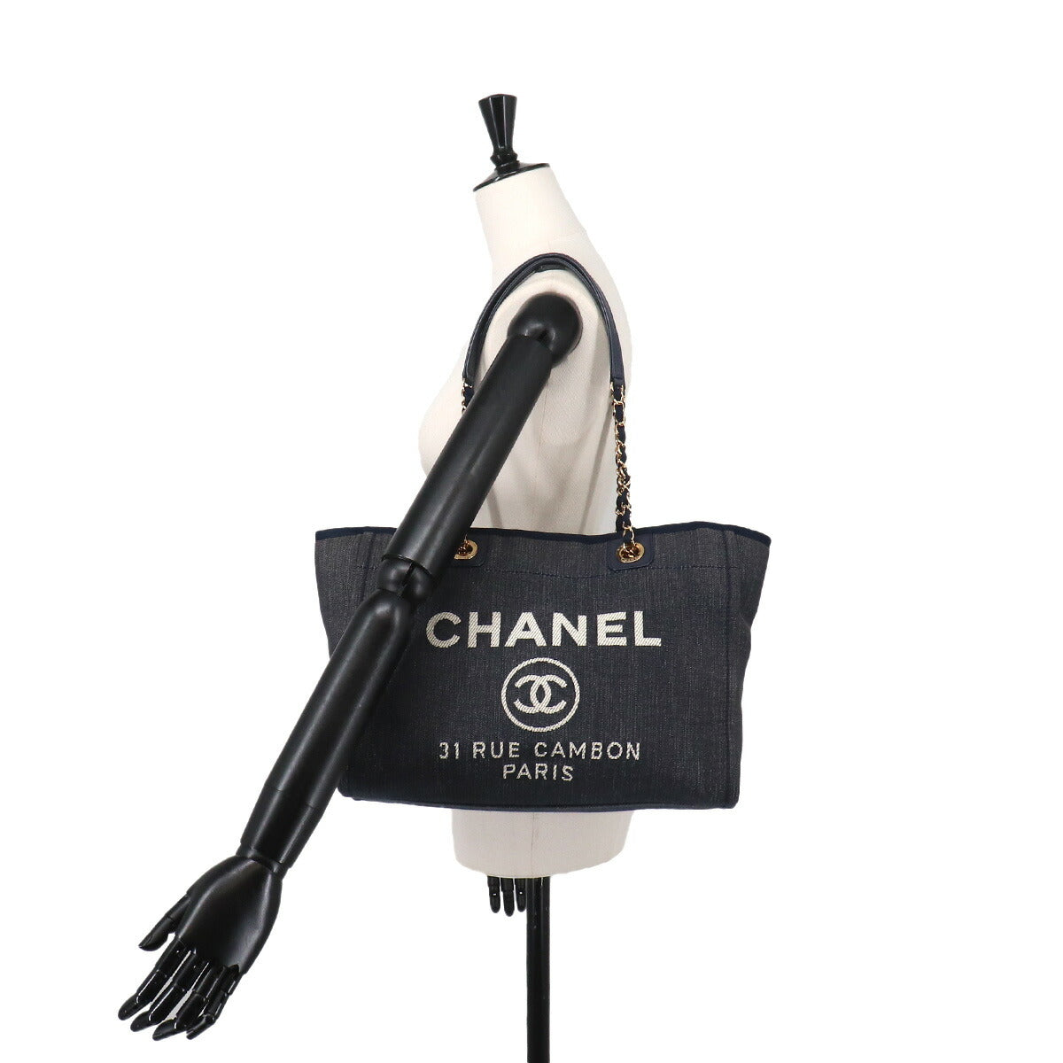 Deauville Chain Tote Bag Denim Leather Navy A67001 Purse
