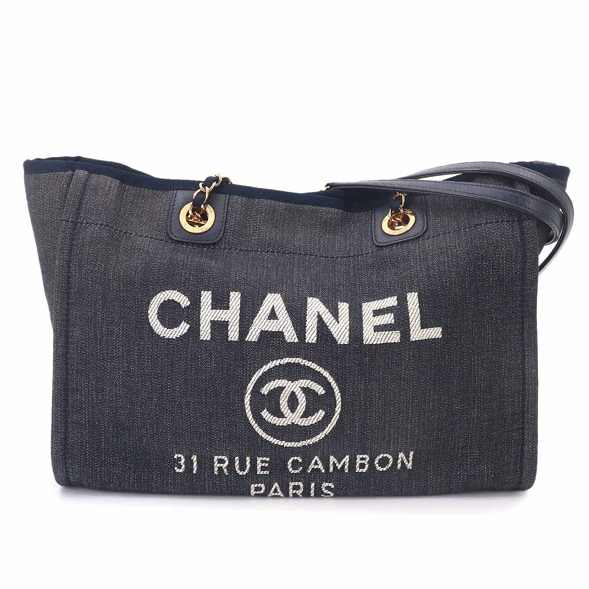Deauville Chain Tote Bag Denim Leather Navy A67001 Purse