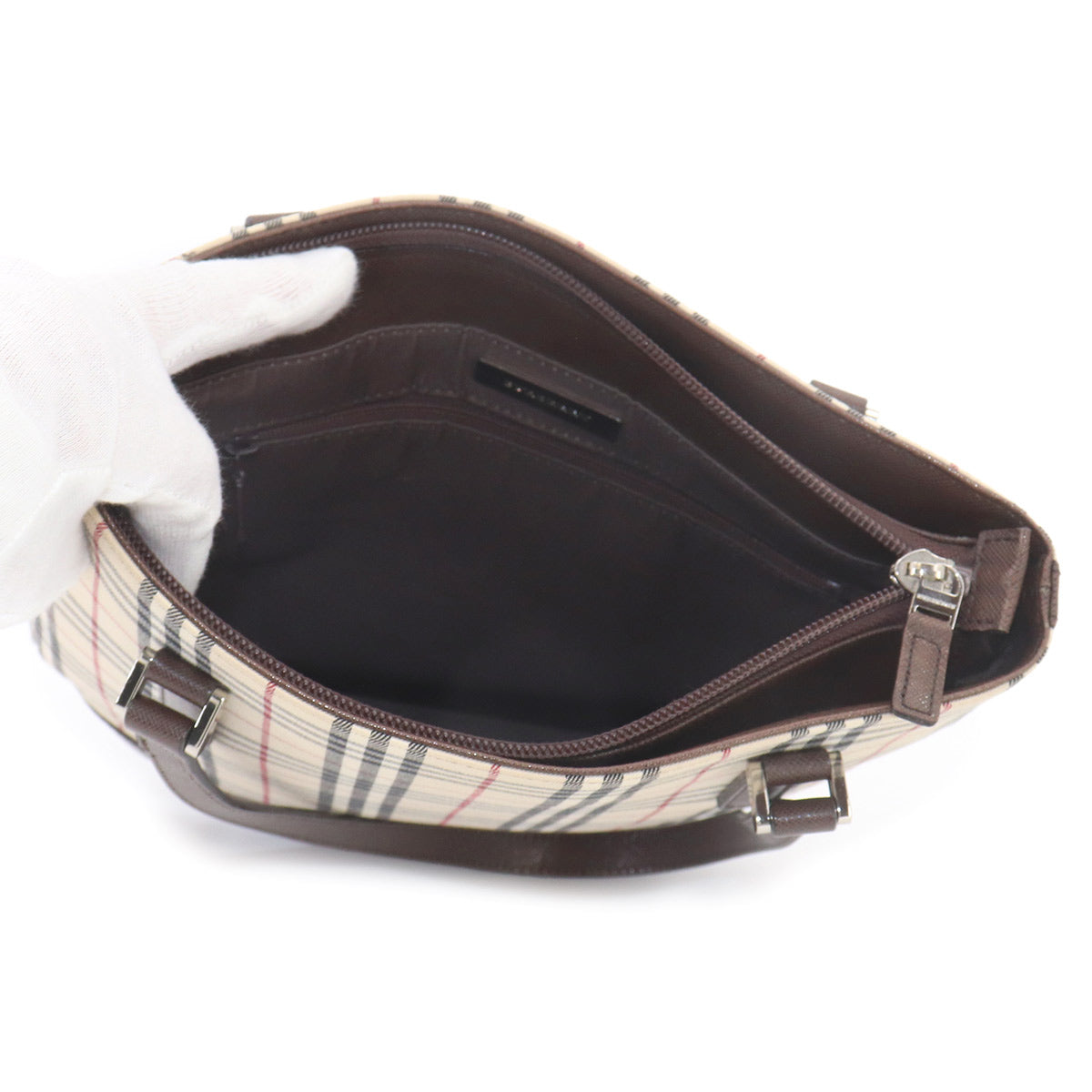 Plaid Tote Bag Canvas Leather Beige Brown Purse
