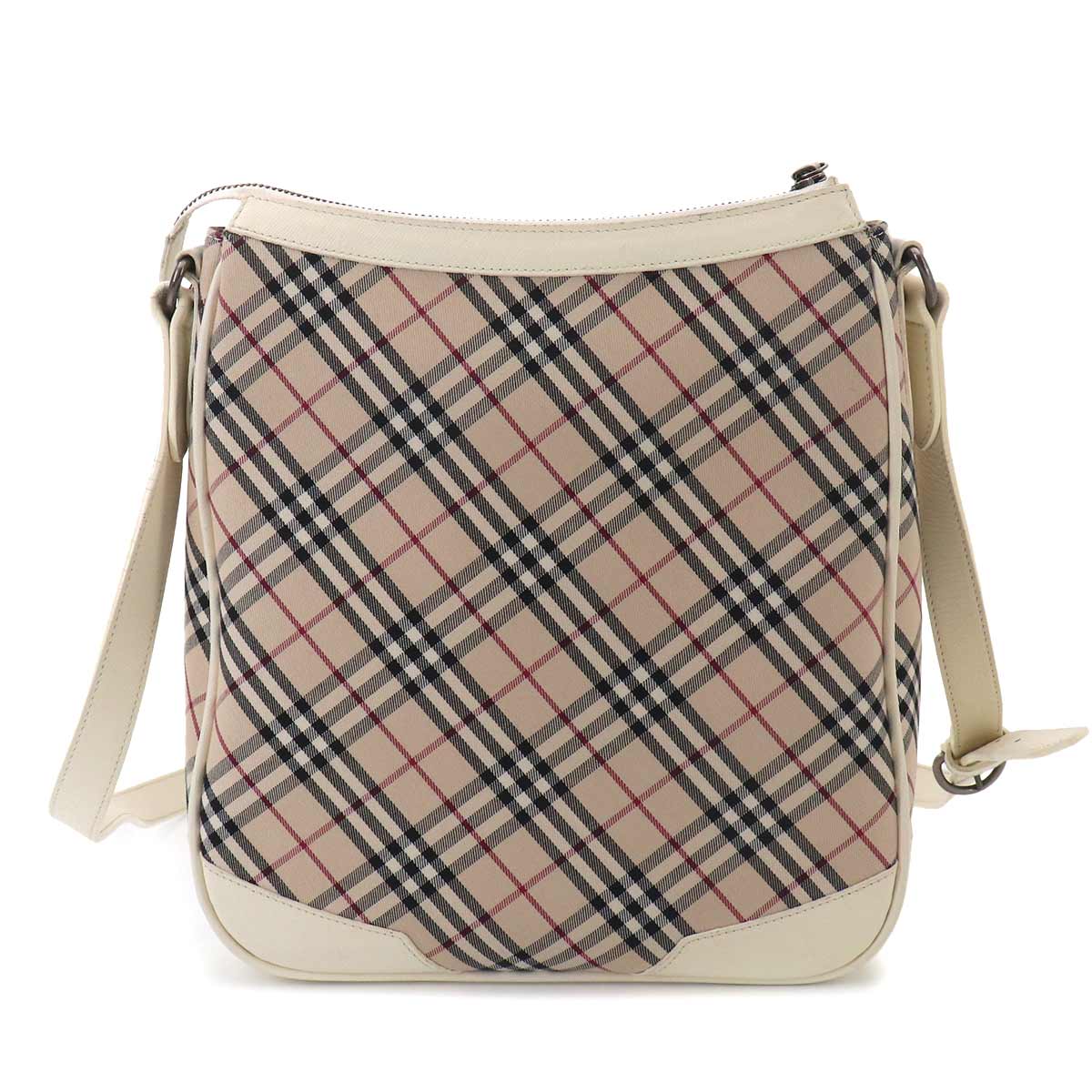 BURBERRY Plaid Shoulder Bag Canvas Leather Beige White Purse