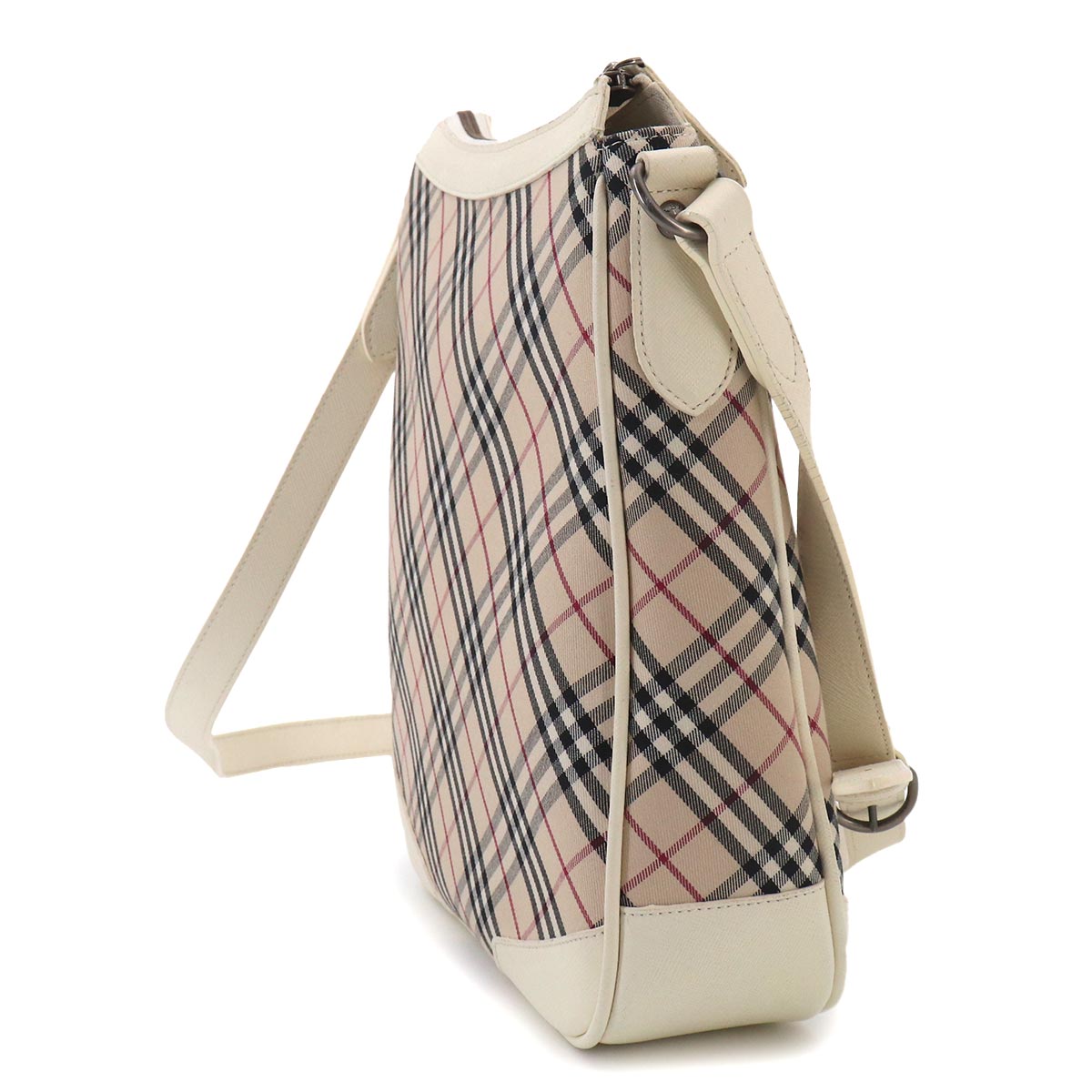 BURBERRY Plaid Shoulder Bag Canvas Leather Beige White Purse