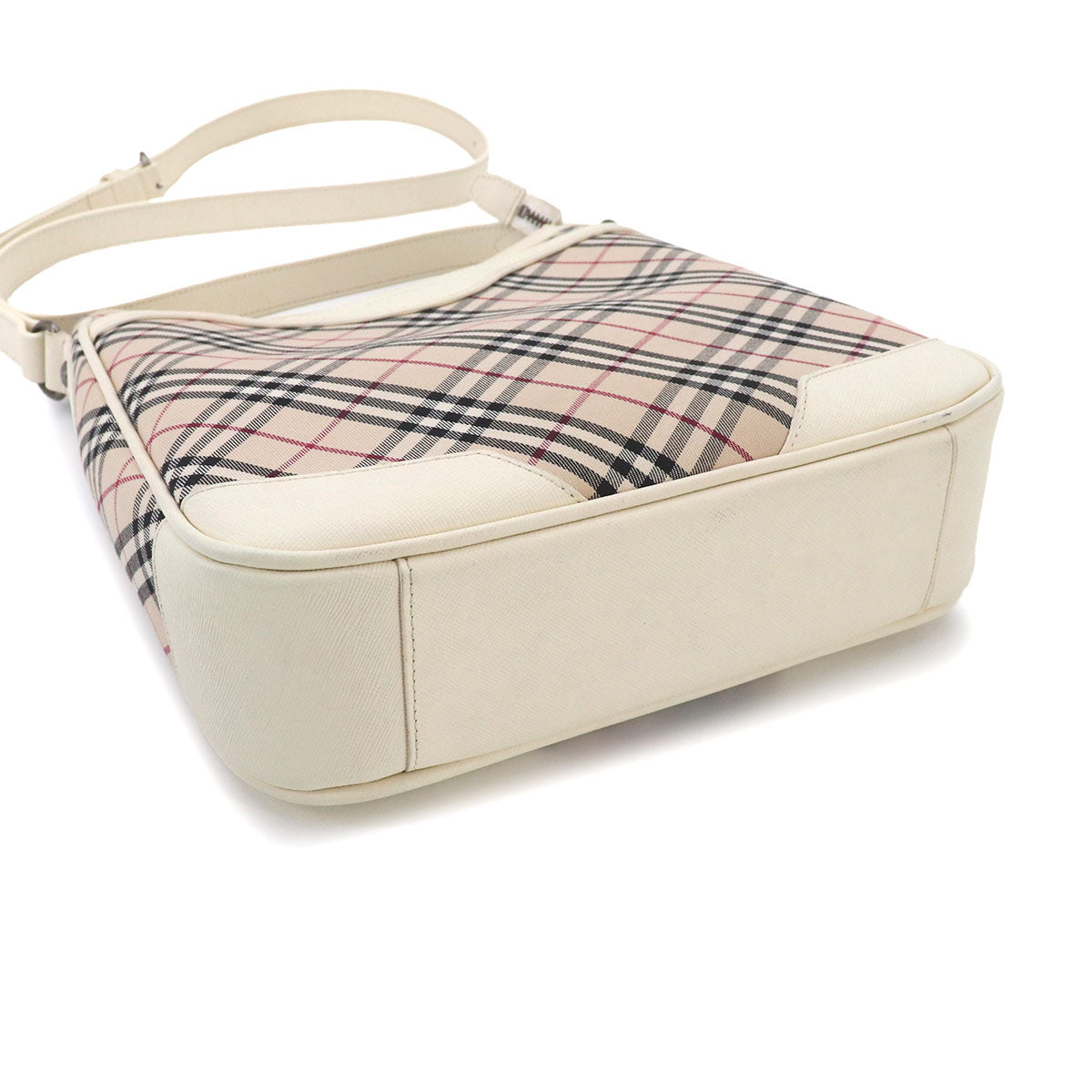 BURBERRY Plaid Shoulder Bag Canvas Leather Beige White Purse