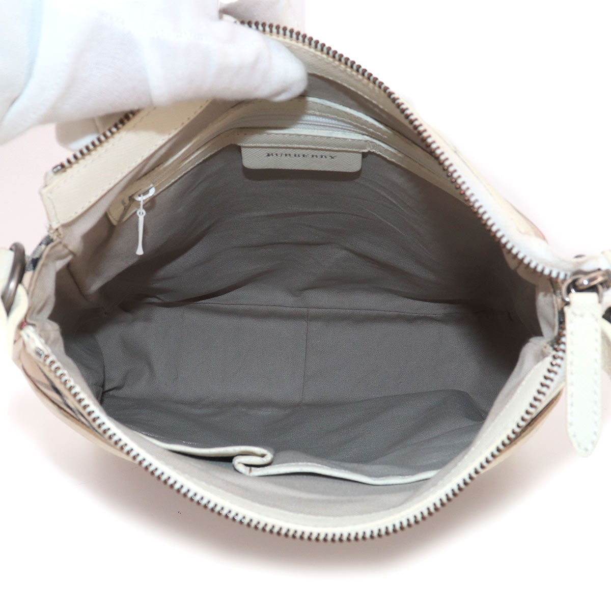 BURBERRY Plaid Shoulder Bag Canvas Leather Beige White Purse