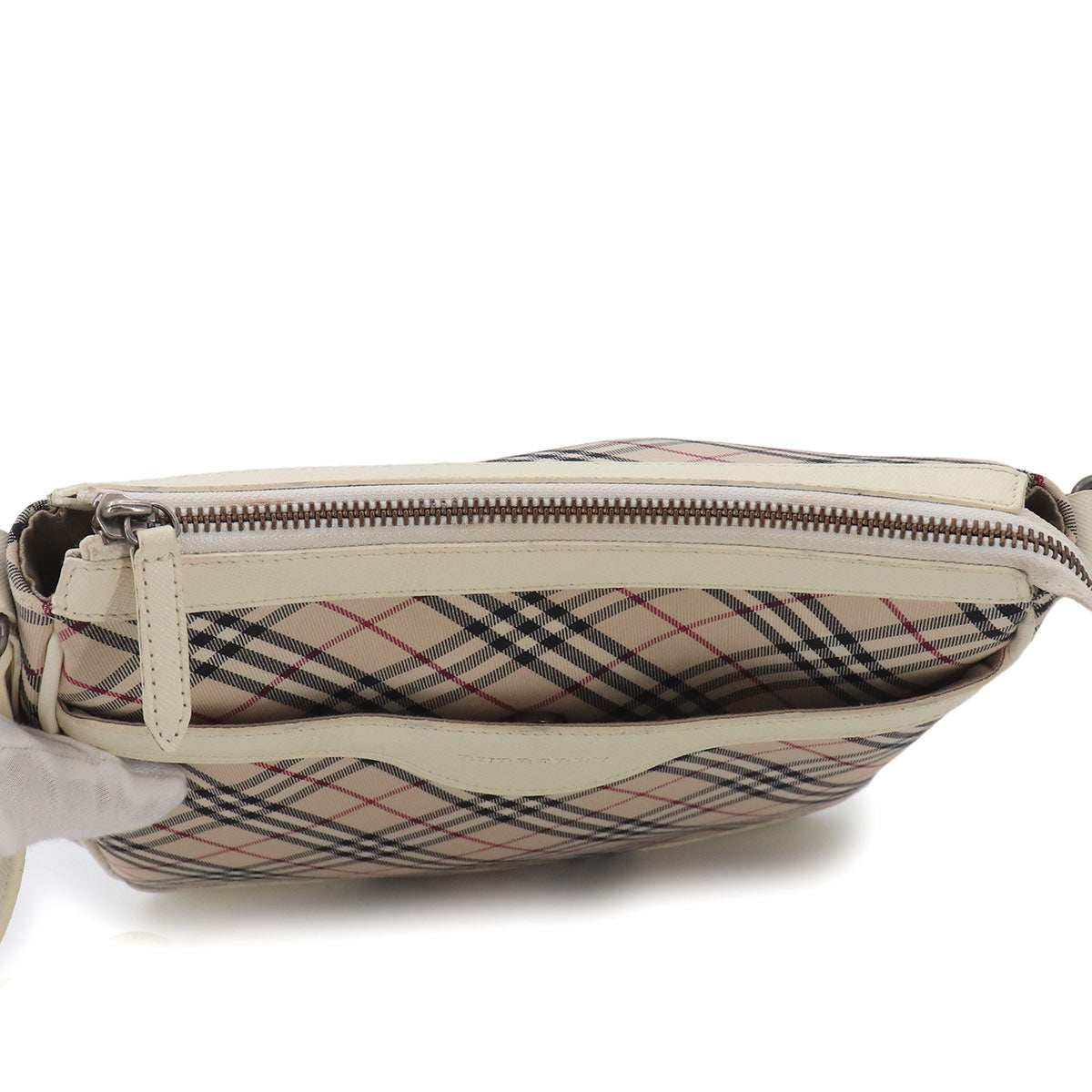 BURBERRY Plaid Shoulder Bag Canvas Leather Beige White Purse