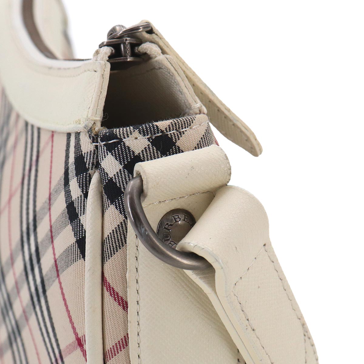 BURBERRY Plaid Shoulder Bag Canvas Leather Beige White Purse