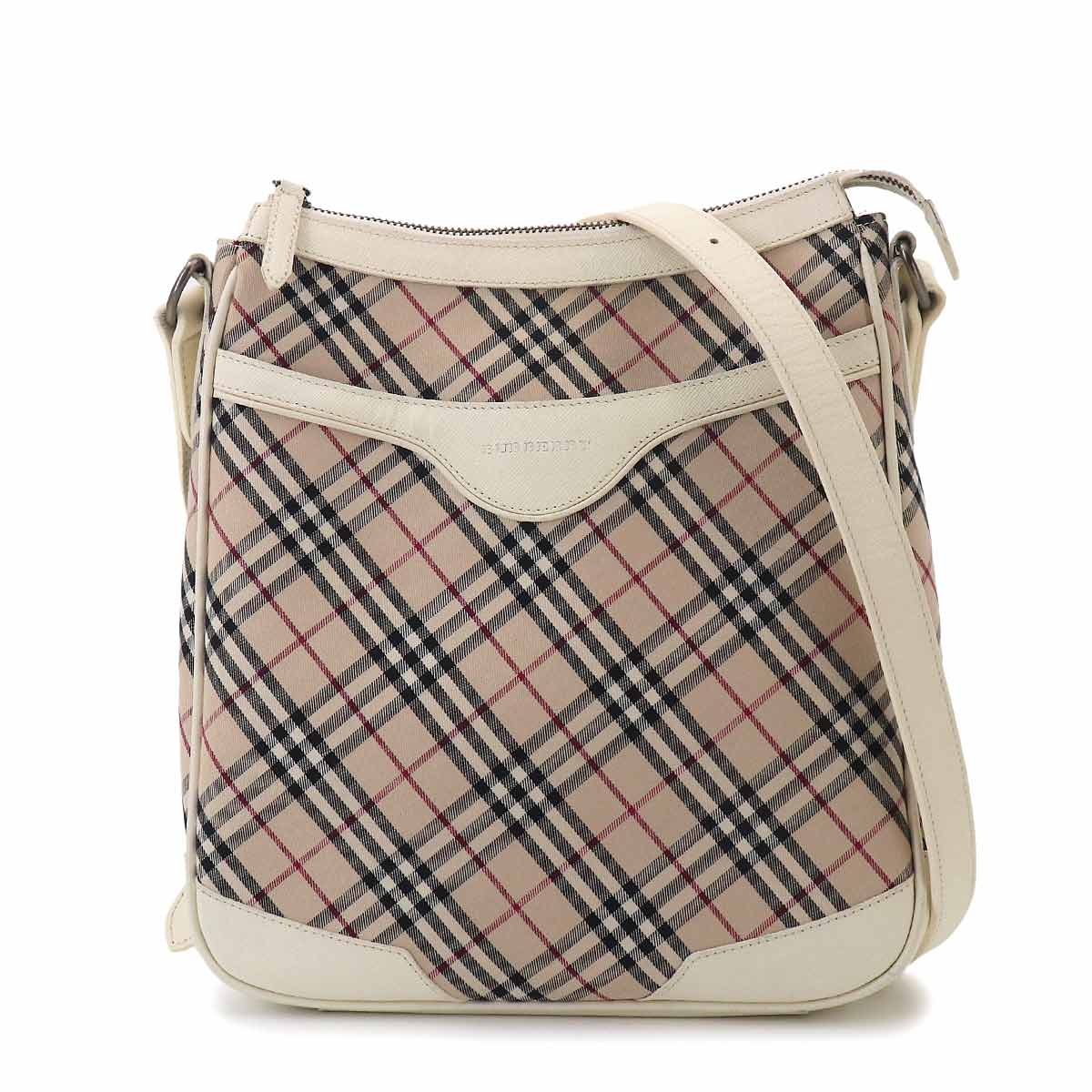 BURBERRY Plaid Shoulder Bag Canvas Leather Beige White Purse