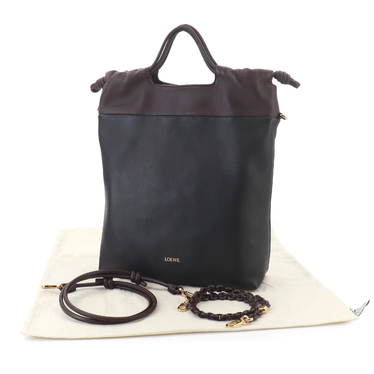 Flamenco Purse Tote Shoulder Bag Leather Black Dark Chestnut