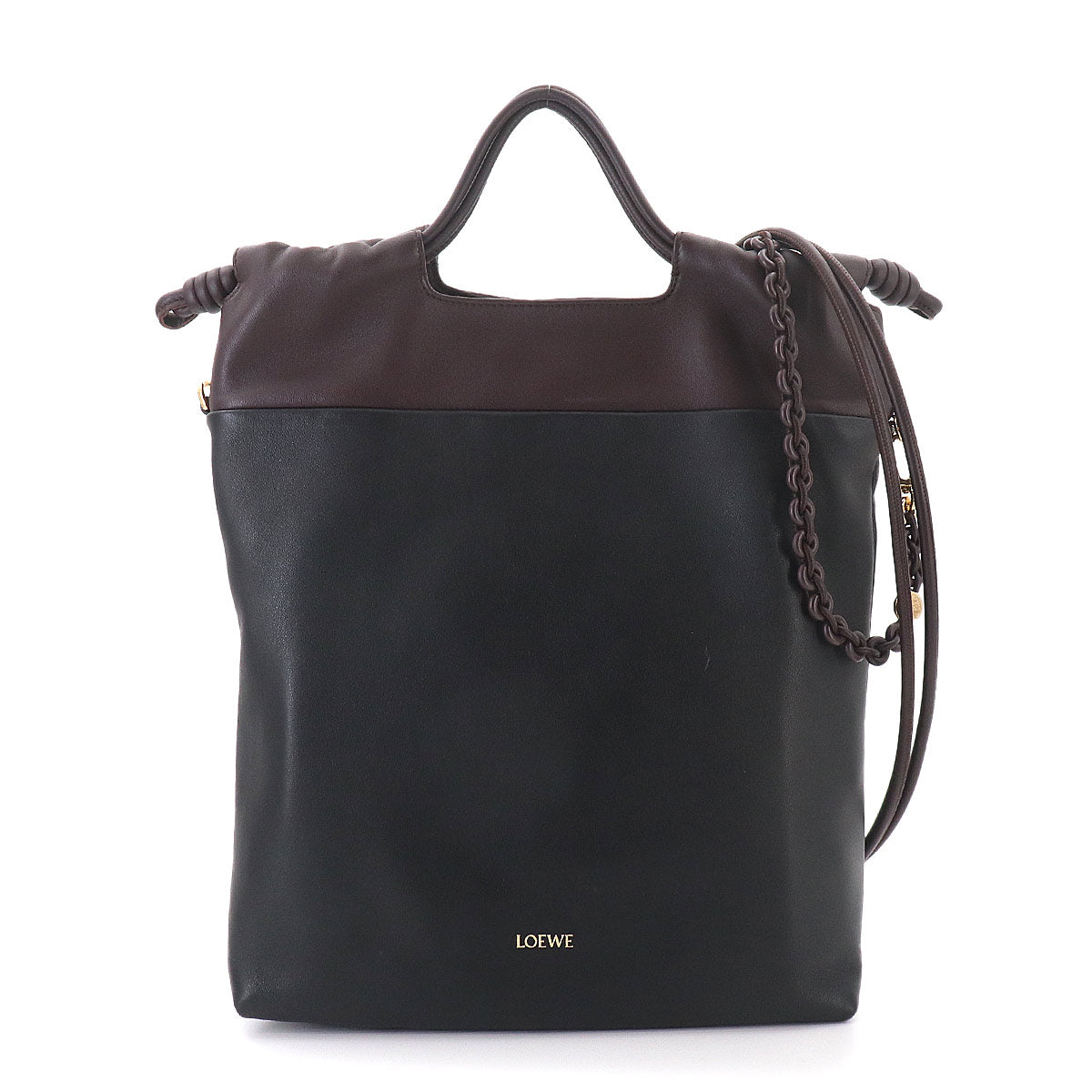 Flamenco Purse Tote Shoulder Bag Leather Black Dark Chestnut