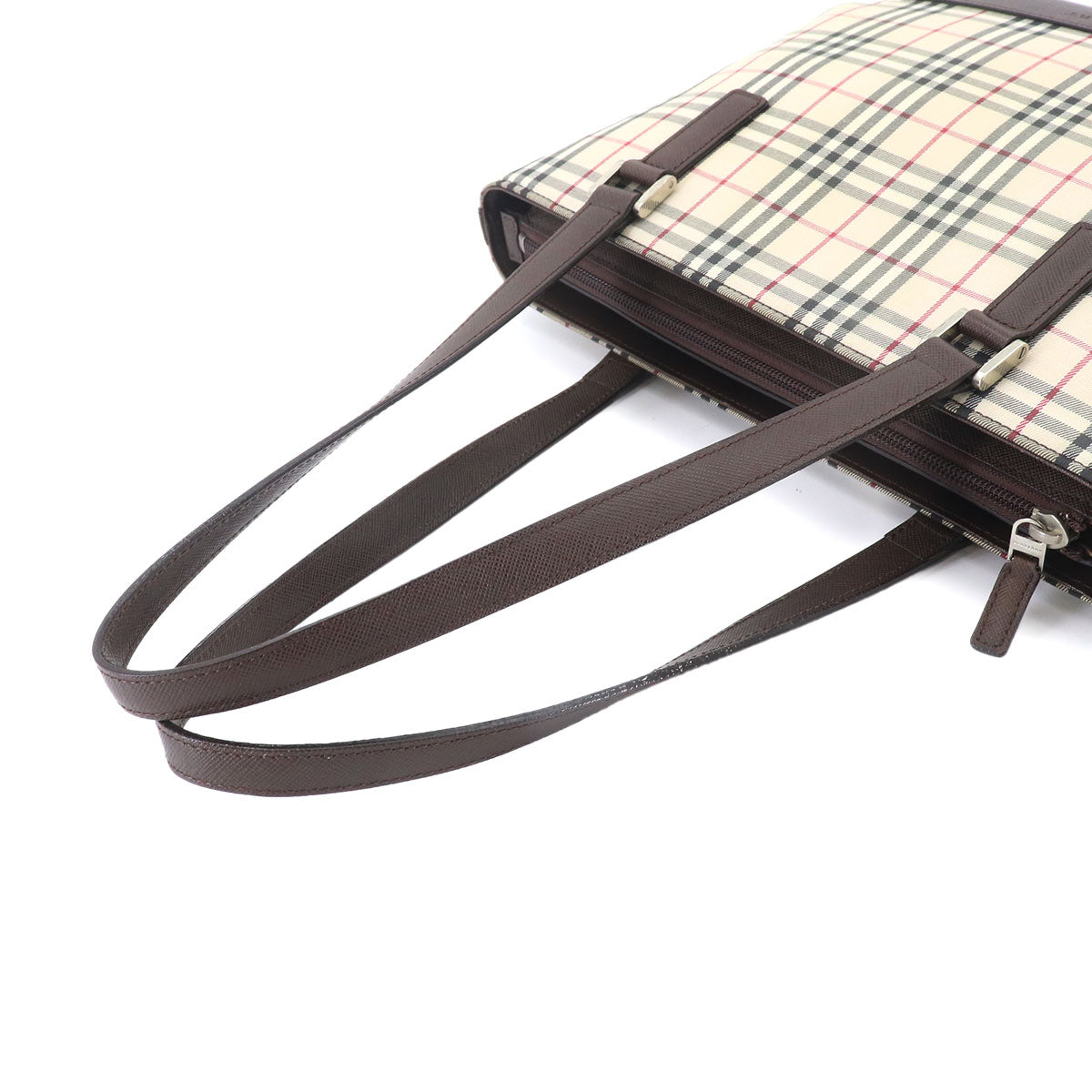 Plaid Hand Bag Canvas Leather Beige Brown Purse