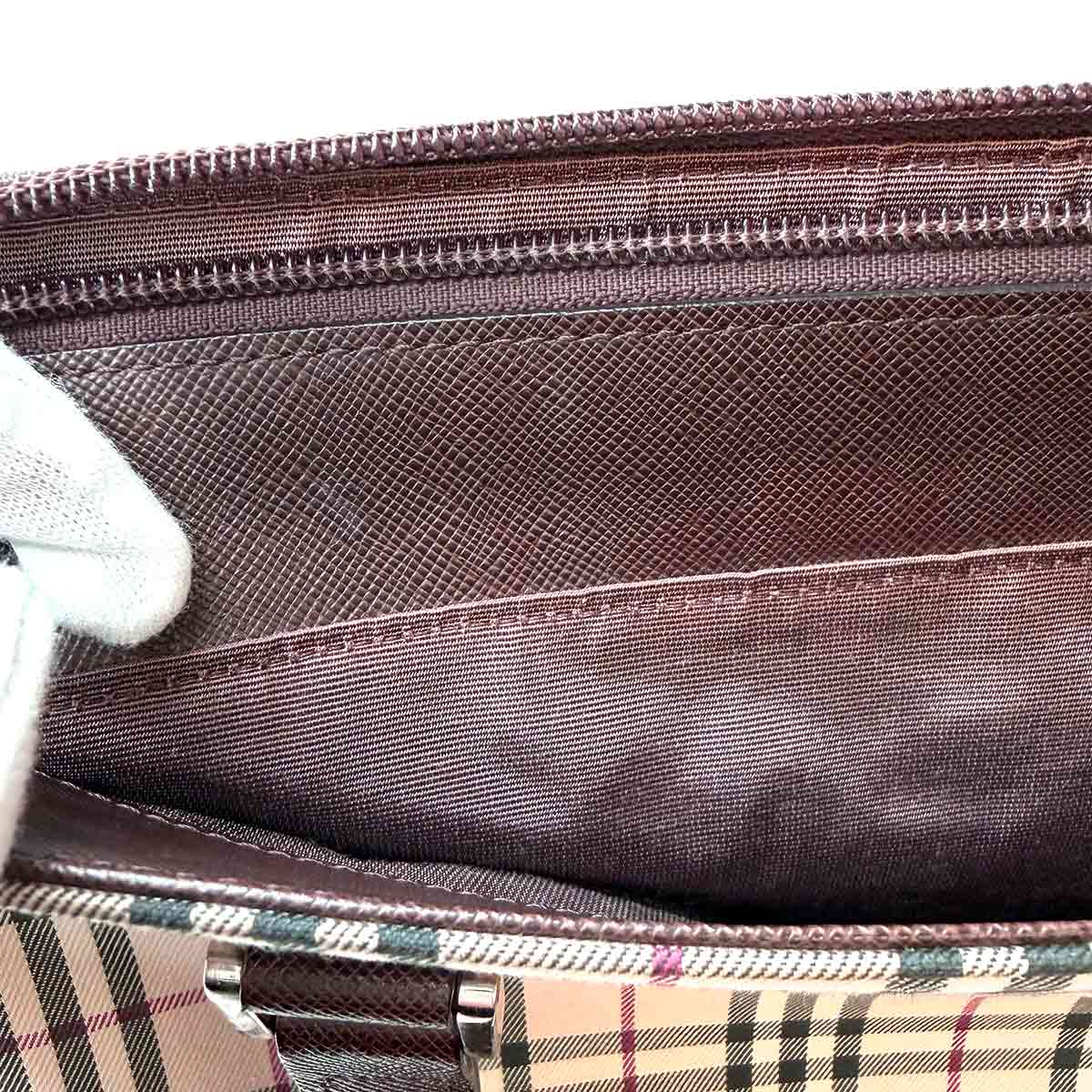 Plaid Hand Bag Canvas Leather Beige Brown Purse