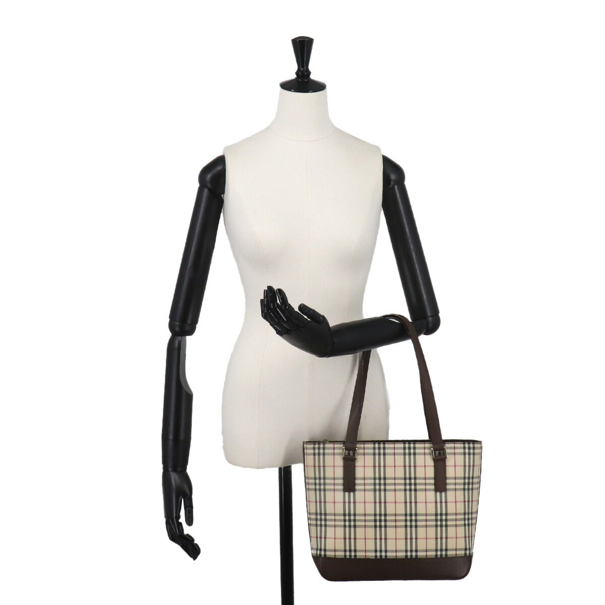 Plaid Hand Bag Canvas Leather Beige Brown Purse