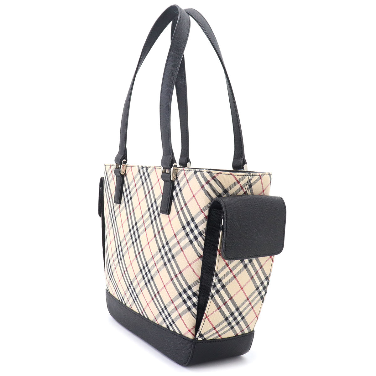 Plaid Hand Bag Canvas Leather Beige Black Purse