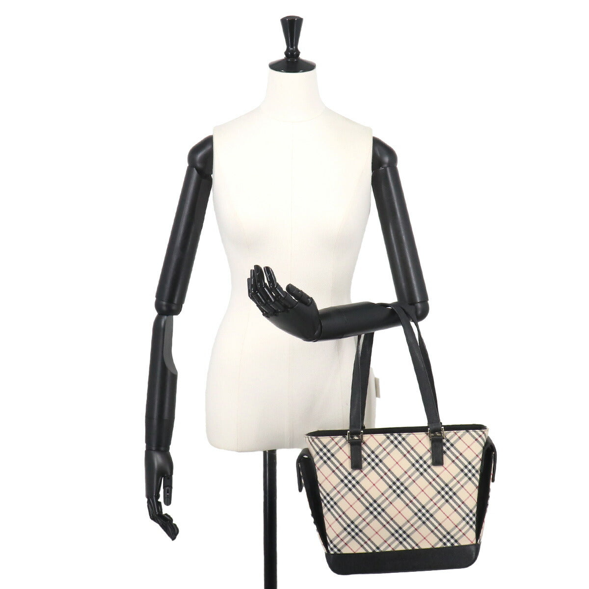 Plaid Hand Bag Canvas Leather Beige Black Purse
