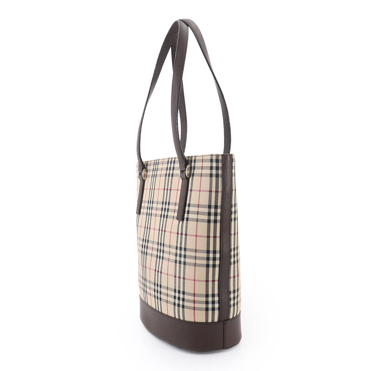 Plaid Tote Bag Canvas Leather Beige Brown Purse