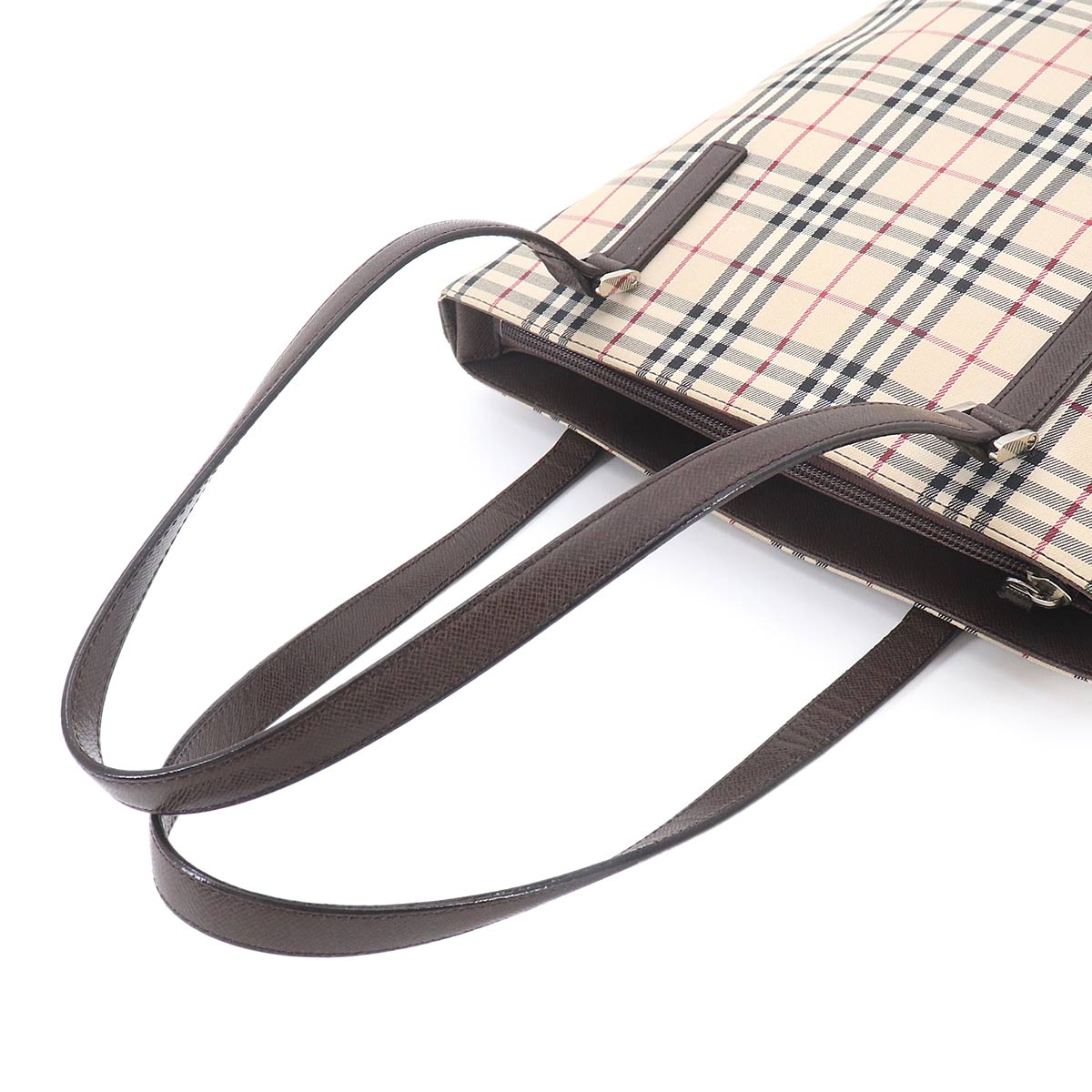 Plaid Tote Bag Canvas Leather Beige Brown Purse