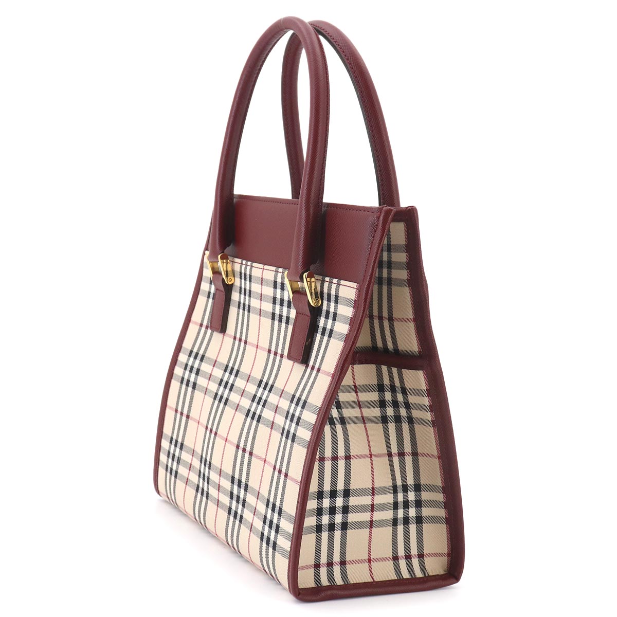 Plaid Hand Bag Canvas Leather Beige Bordeaux Purse