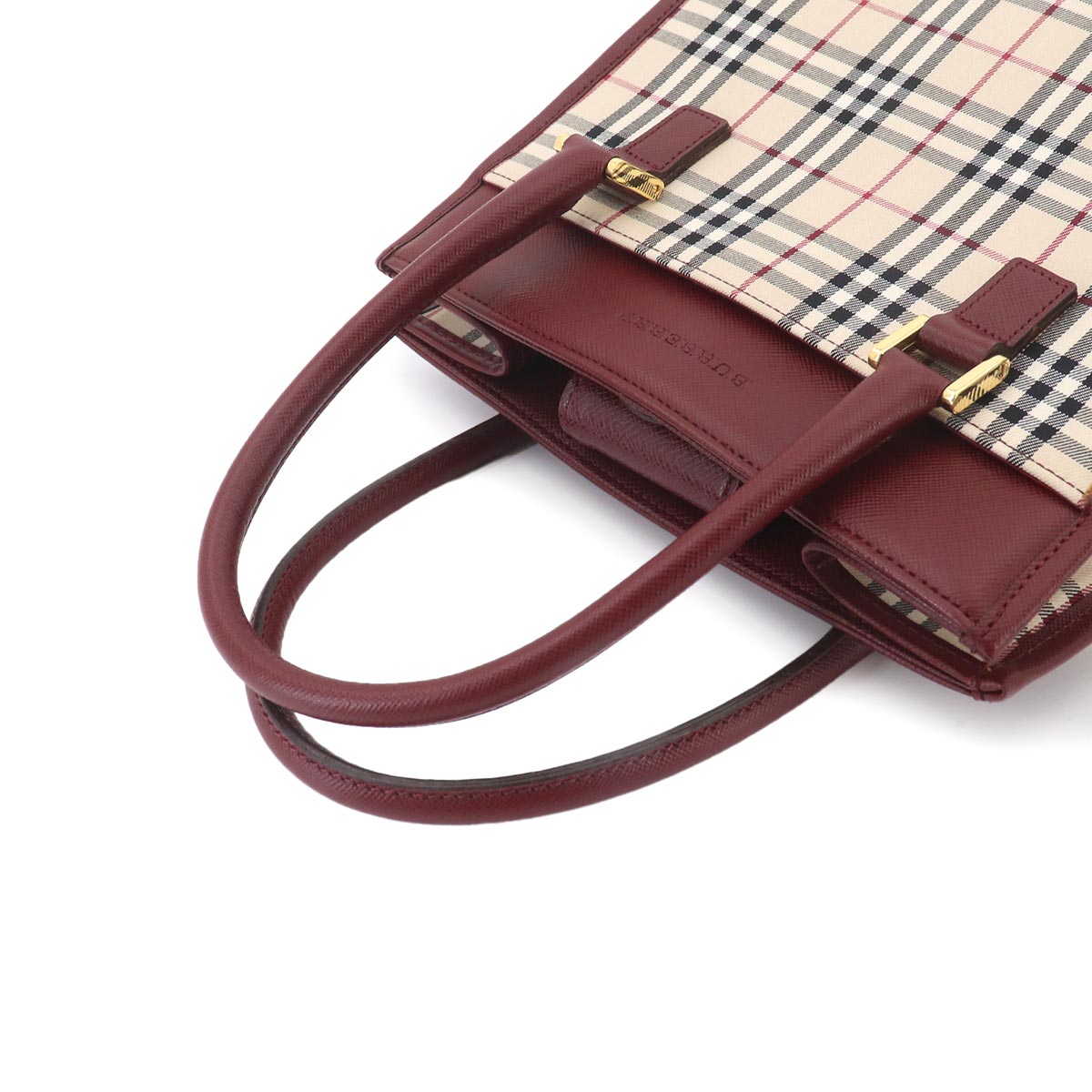 Plaid Hand Bag Canvas Leather Beige Bordeaux Purse