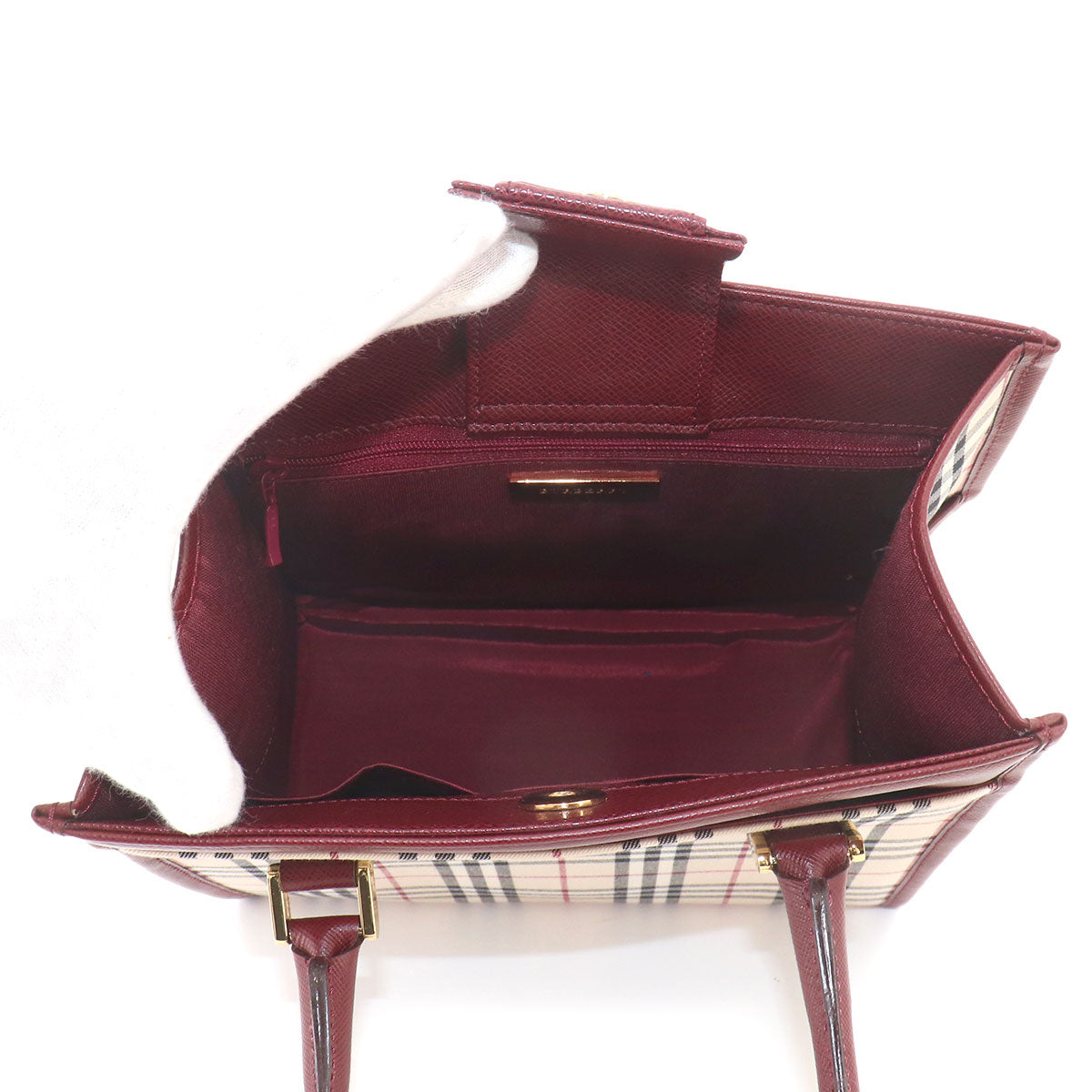 Plaid Hand Bag Canvas Leather Beige Bordeaux Purse