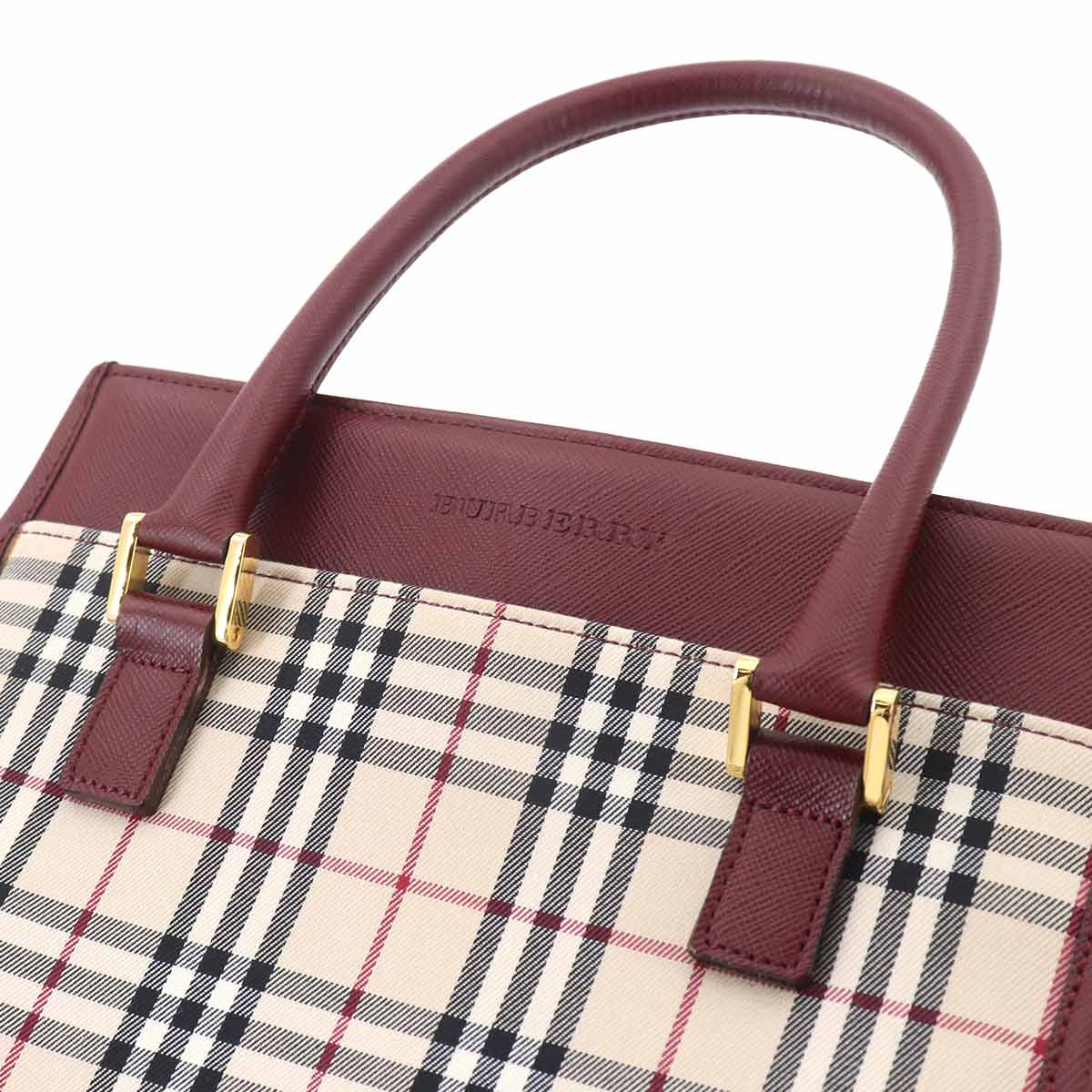 Plaid Hand Bag Canvas Leather Beige Bordeaux Purse