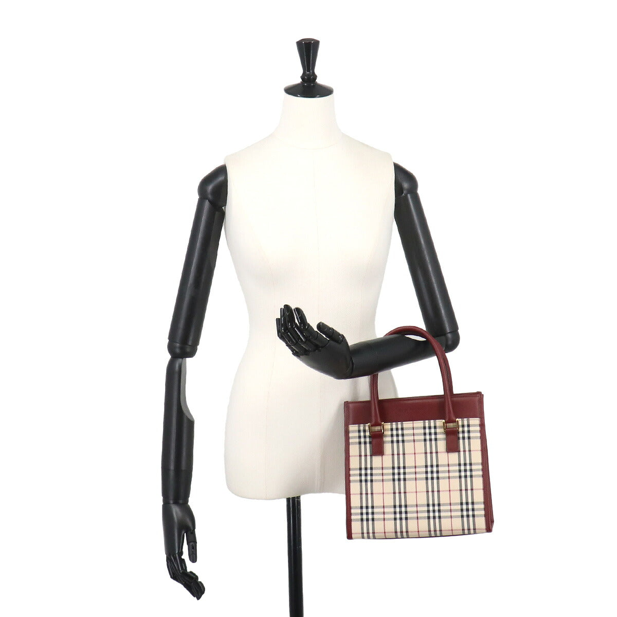 Plaid Hand Bag Canvas Leather Beige Bordeaux Purse