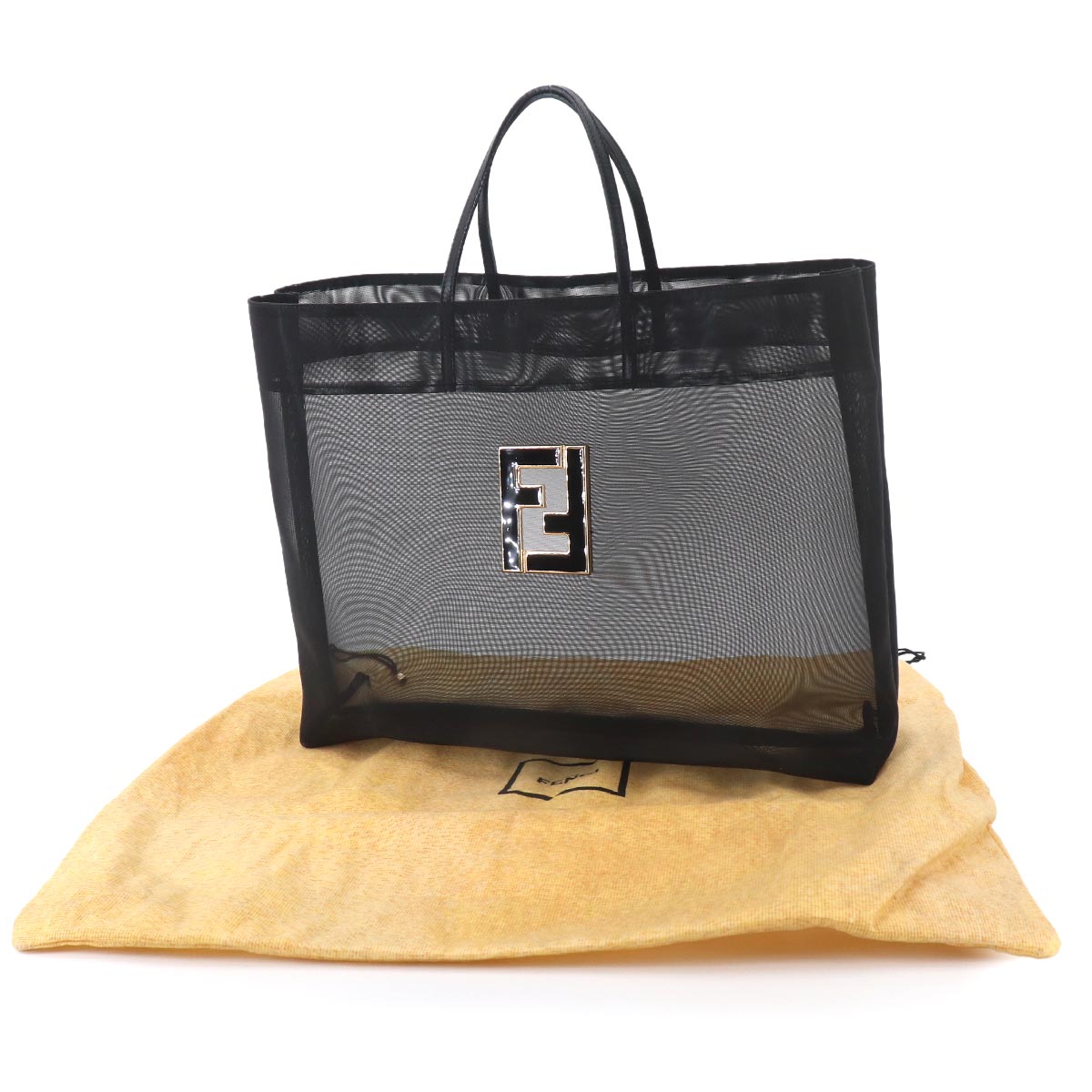 FF Tote Bag Nylon Mesh Leather Black Logos Purse