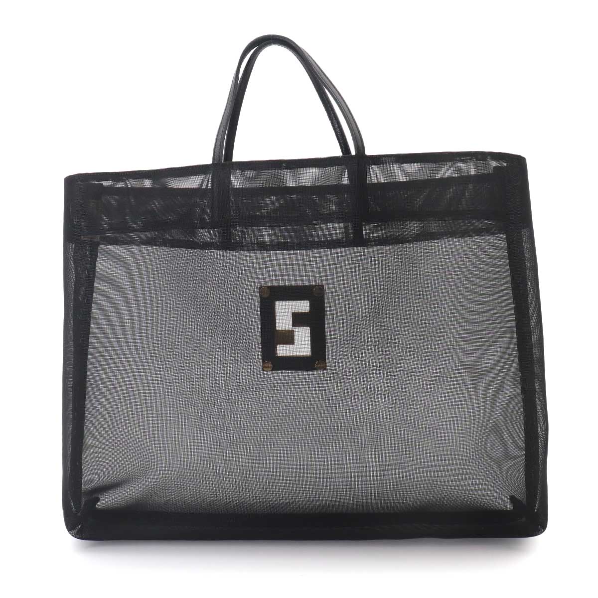 FF Tote Bag Nylon Mesh Leather Black Logos Purse
