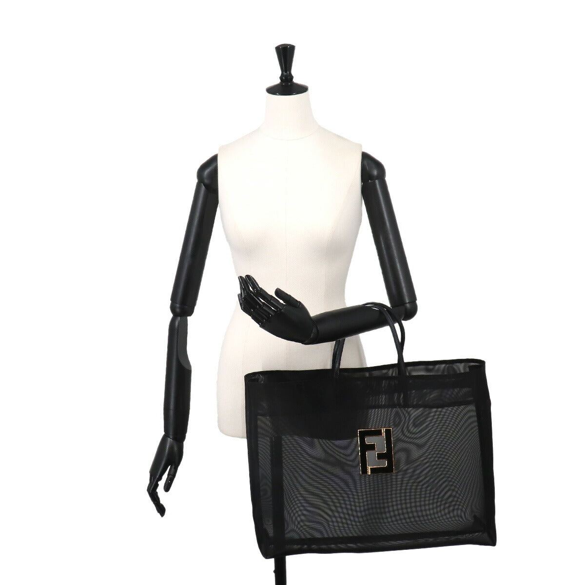 FF Tote Bag Nylon Mesh Leather Black Logos Purse