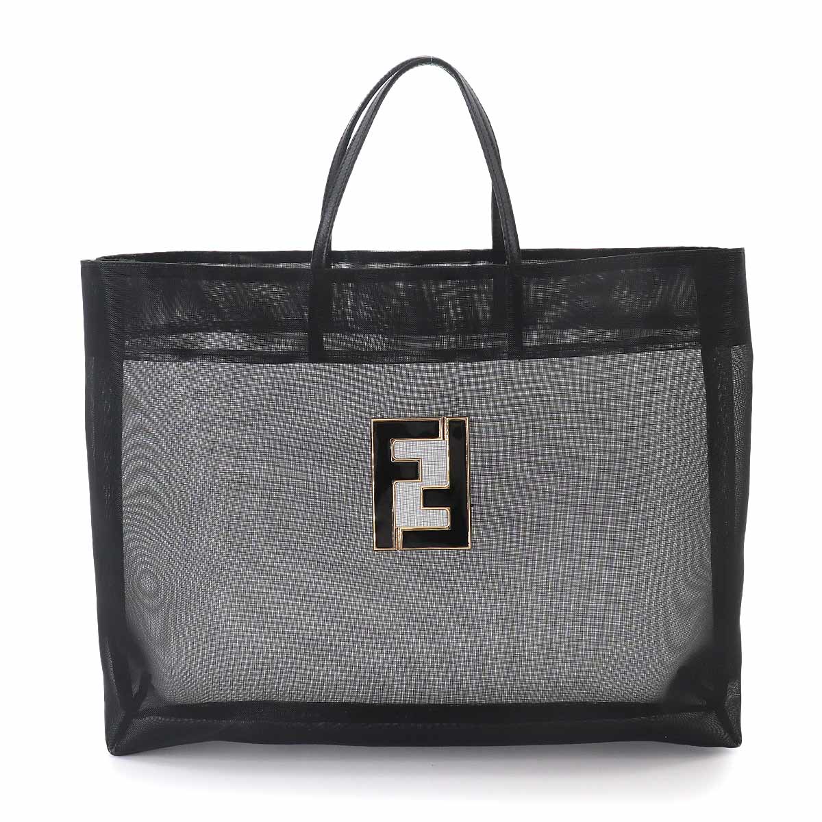 FF Tote Bag Nylon Mesh Leather Black Logos Purse